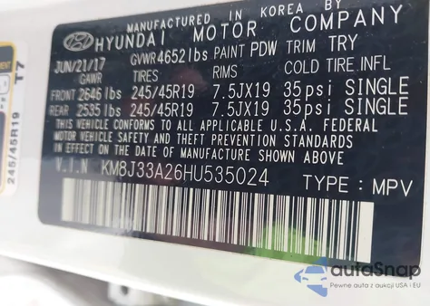 2017 Hyundai Tucson Night z USA, uszkodzony, nr VIN KM8J33A26HU535024